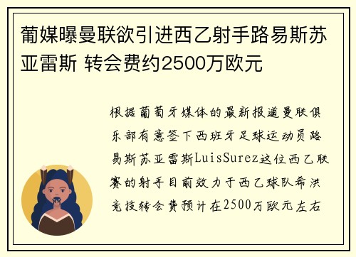 葡媒曝曼联欲引进西乙射手路易斯苏亚雷斯 转会费约2500万欧元