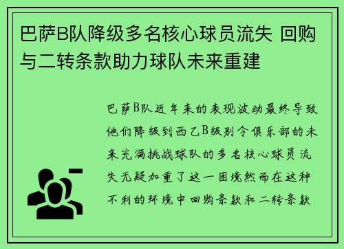 巴萨B队降级多名核心球员流失 回购与二转条款助力球队未来重建